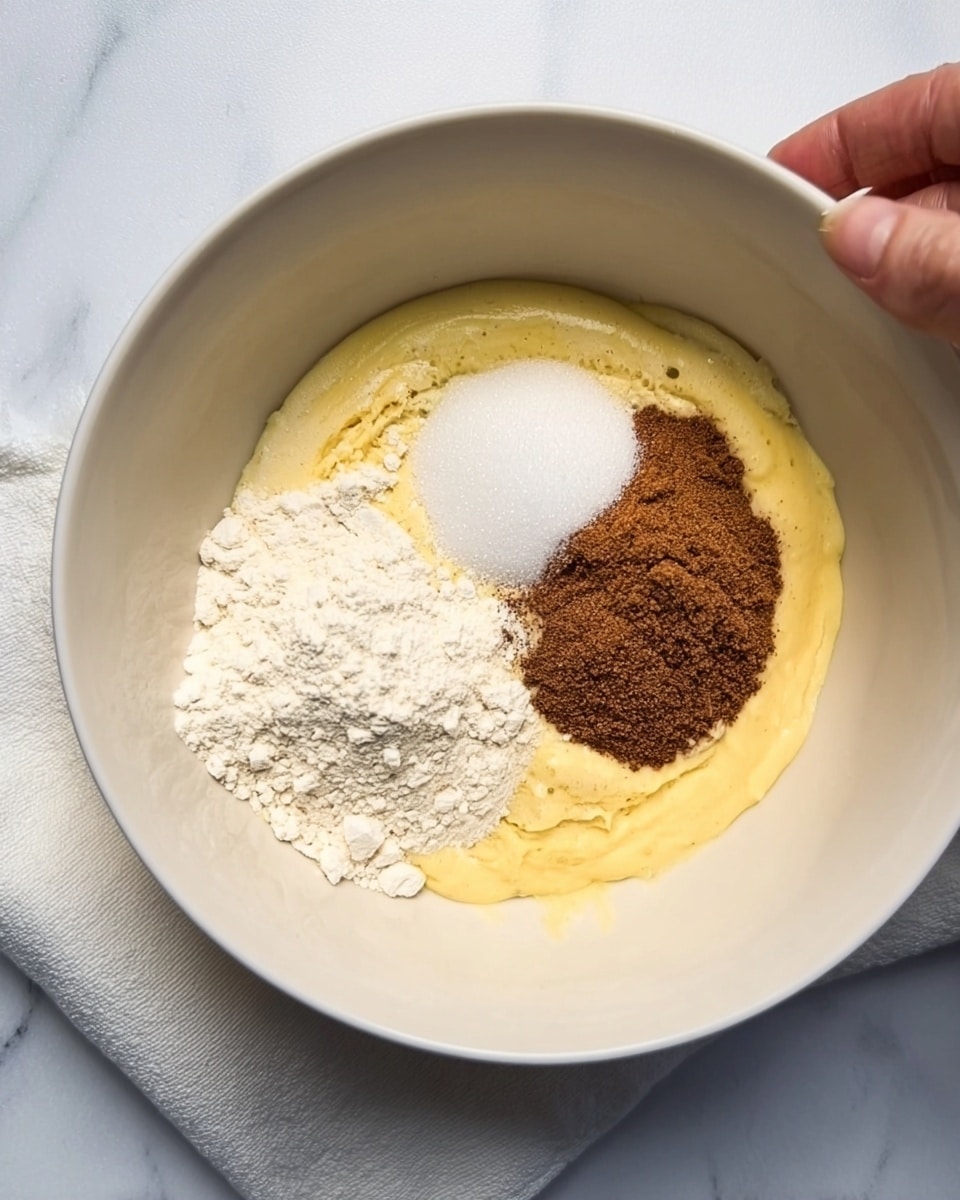 Inside a white bowl, there are four different ingredients placed as separate layers that cover the bottom. One layer shows a smooth yellow mix, likely beaten eggs, forming the base. On the right side of this yellow base is a dark brown layer with a powdery look, probably brown sugar. On the top left, there is a small mound of white granulated sugar. At the bottom left of the bowl, there is a pile of white flour with a rough texture. The bowl is on a white marbled surface with a soft white cloth underneath it. A woman’s hand adjusts the edge of the bowl from the top right corner. photo taken with an iphone --ar 4:5 --v 7