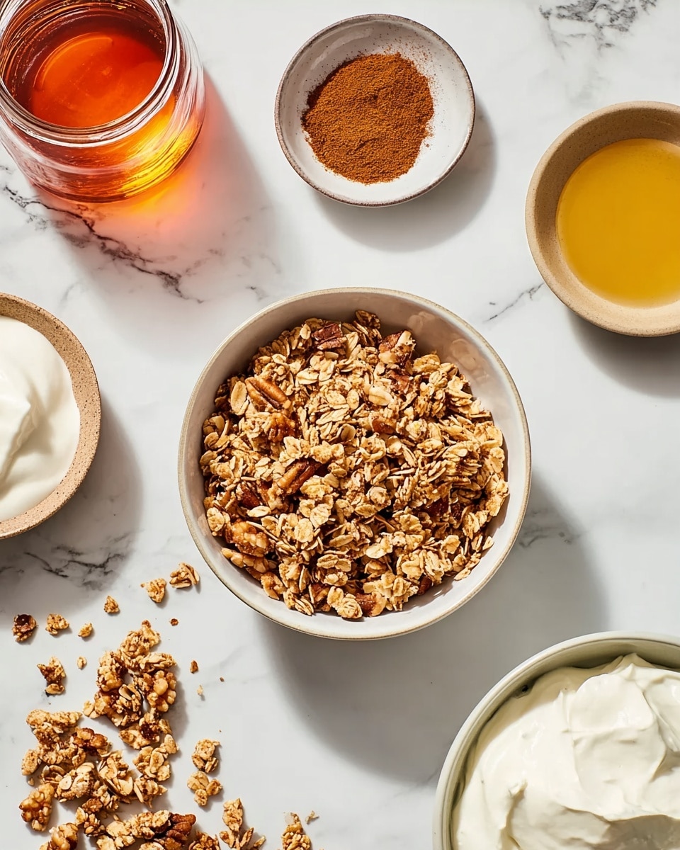 The image shows a white bowl filled with crunchy granola made of oats and nuts, showing a mix of light brown and beige colors, placed on a white marbled surface. Surrounding the bowl are smaller white dishes containing cinnamon powder, a clear jar with amber-colored liquid, and a beige bowl with a smooth yellowish sauce. A larger white bowl in the bottom right holds fluffy white yogurt or cream. Some granola pieces lie scattered on the white marbled surface near the central bowl. Photo taken with an iphone --ar 4:5 --v 7