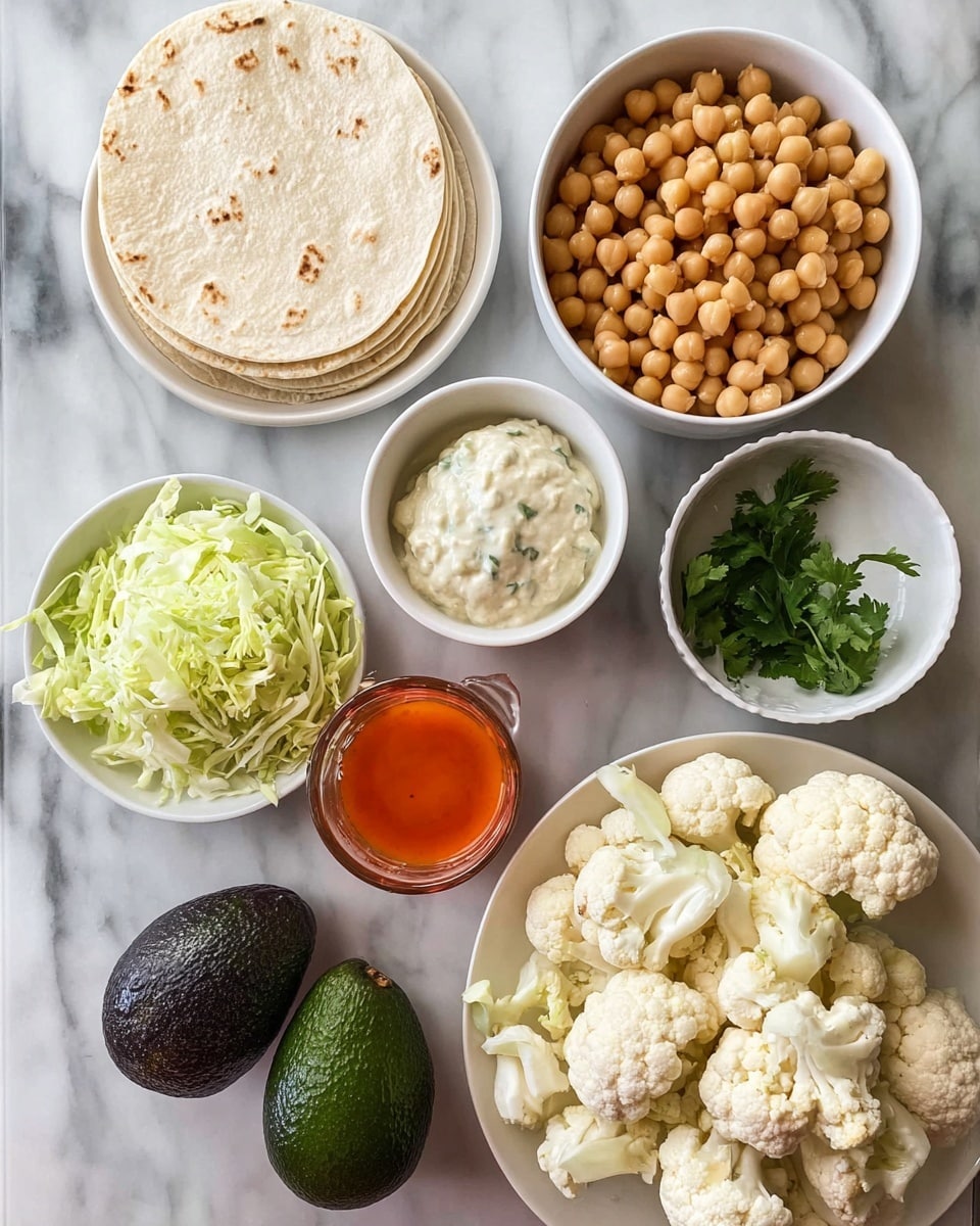The image shows a flat white marble surface with several white bowls and a white plate arranged neatly. In the top left, there is a small stack of round, light beige tortillas. To the right of the tortillas is a white bowl filled with round, light brown chickpeas. Below the chickpeas is a small white bowl containing a light cream sauce with green herbs and a small bunch of parsley on top. Next to the sauce, there is a glass measuring cup holding a bright orange-red liquid. Two whole dark green avocados sit on the marble surface, one near the bottom left and the other near the middle right. To the bottom left, a white bowl contains a pile of thinly shredded pale green cabbage. The largest white plate occupies the bottom right corner, filled with small off-white cauliflower florets. The background is a clean white marbled texture photo taken with an iphone --ar 4:5 --v 7
