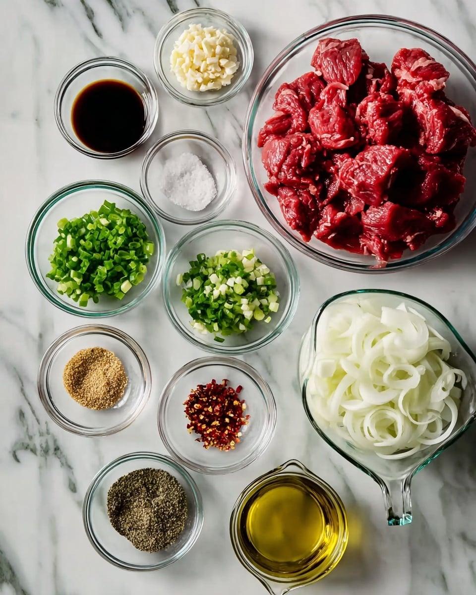 The image shows several clear glass bowls arranged neatly on a white marbled surface, each containing different ingredients. In the center is a large glass bowl filled with bright red slices of raw meat. To the right of the meat bowl is a smaller bowl with thin white onion slices. Around these are smaller bowls filled with various seasonings and liquids: light green chopped green onions, minced white garlic, golden sesame seeds, coarse white salt, dark soy sauce in a measuring jug, olive oil, bright green chopped scallions, finely minced ginger, crushed black pepper, and red chili flakes. All ingredients are vibrant and fresh, set neatly in clear glass bowls showing off their colors and textures photo taken with an iphone --ar 4:5 --v 7