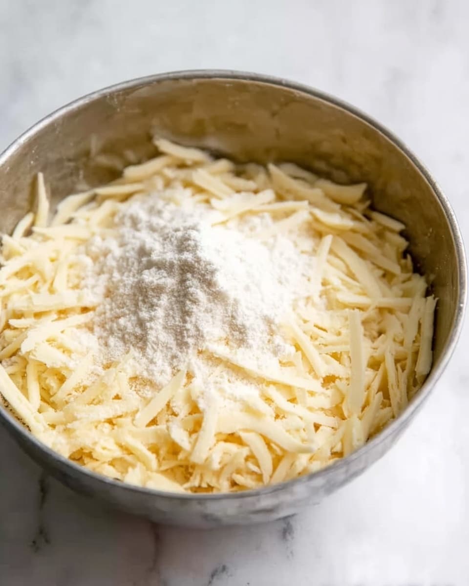 A close-up view of a metal bowl filled with shredded light yellow cheese and a small pile of white flour on top, set against a white marbled surface. photo taken with an iphone --ar 4:5 --v 7