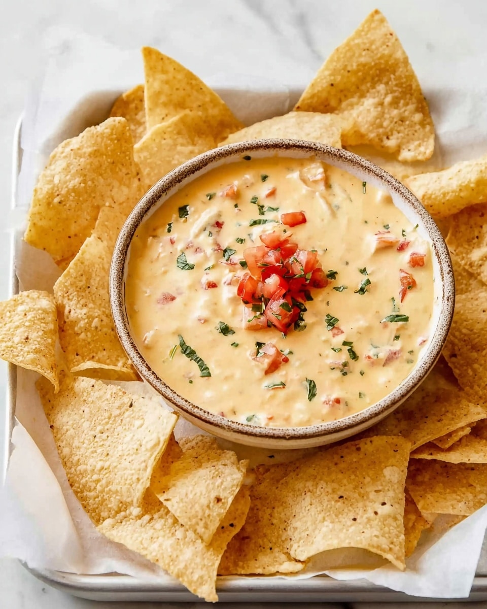 A round bowl with a speckled brown edge holds a creamy light yellow dip with small bits of red tomato and green herbs mixed inside. The dip is topped with a few small diced red tomatoes and small green herb pieces. Around the bowl, there are many triangular light golden tortilla chips with a slightly puffy texture, placed on a white tray lined with white paper. The background surface is white marbled. photo taken with an iphone --ar 4:5 --v 7