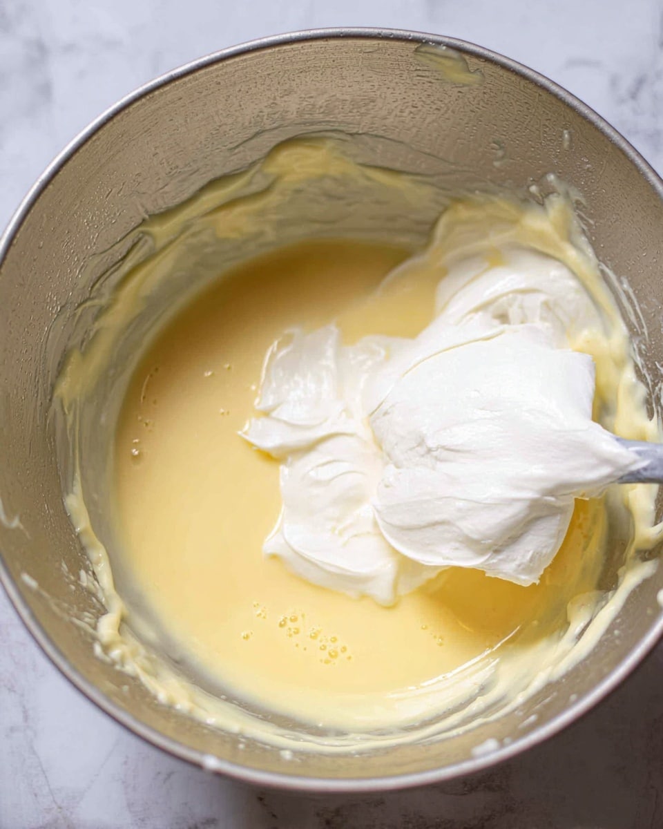 Inside a large metal bowl, there are two visible layers of batter. The bottom layer is a smooth, pale yellow mixture with a shiny surface, slightly thick in texture. On top of it, a thick white creamy layer is being added with a spatula; it looks soft and fluffy with a matte finish. The bowl has some batter splashes on its sides, and the scene is set against a white marbled surface. Photo taken with an iphone --ar 4:5 --v 7
