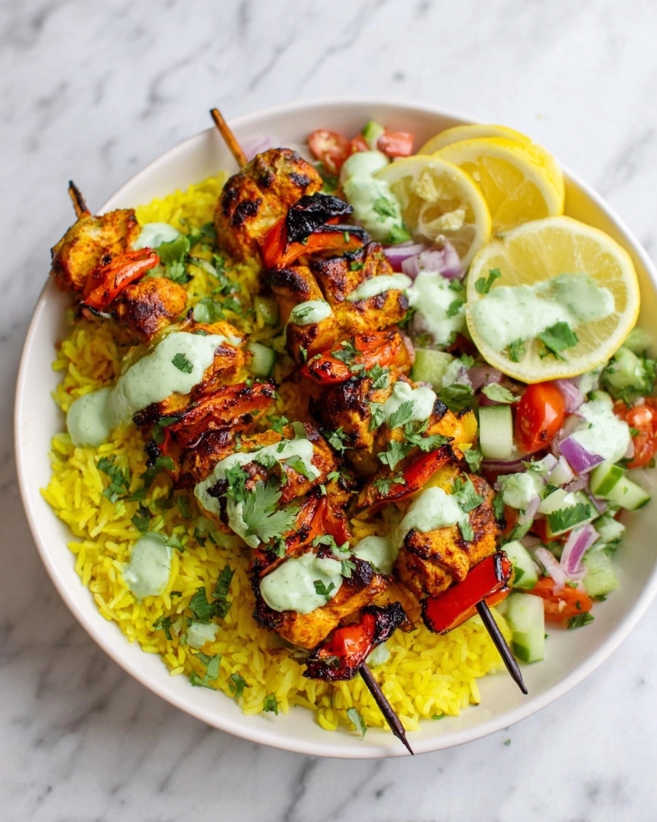 The image shows two wooden skewers with grilled orange-brown chicken pieces and grilled green and red bell pepper slices, placed on a bed of yellow rice inside a white bowl. The chicken and vegetables are topped with drizzles of light green sauce. On one side of the rice, there is a colorful mix of diced cucumber, tomato, and red onion. Fresh green cilantro leaves are scattered around the rice, and two lemon wedges are placed on the edge of the bowl. The bowl sits on a white marbled surface. photo taken with an iphone --ar 4:5 --v 7
