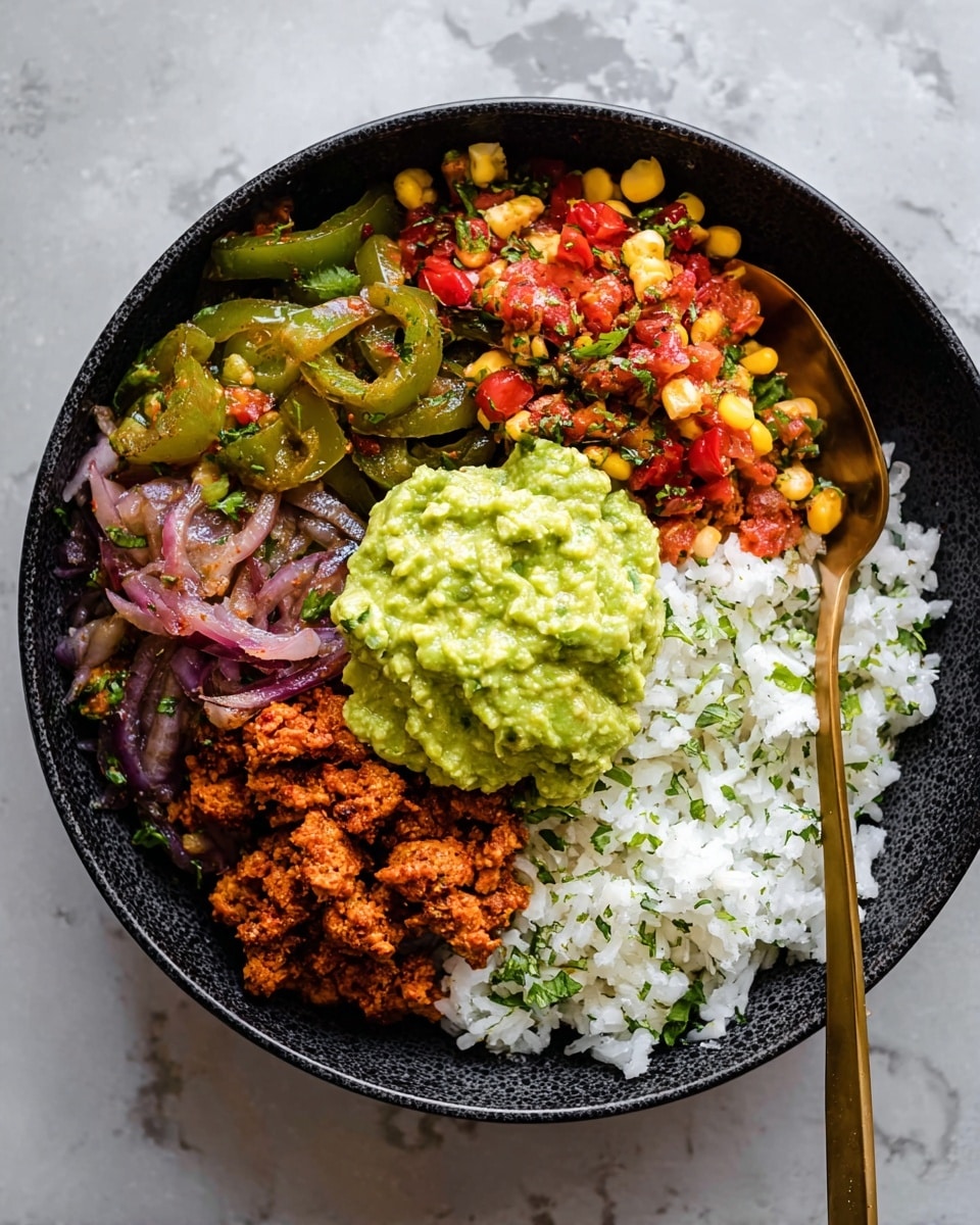 A black bowl sits on a white marbled surface filled with five layers of food arranged side by side. Starting from the left, there is a layer of white rice speckled with green herbs, next to a chunky, creamy light green guacamole sitting in the center. To the right of the guacamole, there are sautéed green bell peppers and red onions with a shiny, soft texture. On the bottom left, a reddish-brown cooked ground meat-like mixture is placed, beside a bright yellow corn salad mixed with bits of red tomato and finely chopped green herbs on the bottom right. A golden spoon rests on the left side, partly in the bowl, and some cilantro leaves garnish several sections. Photo taken with an iphone --ar 4:5 --v 7