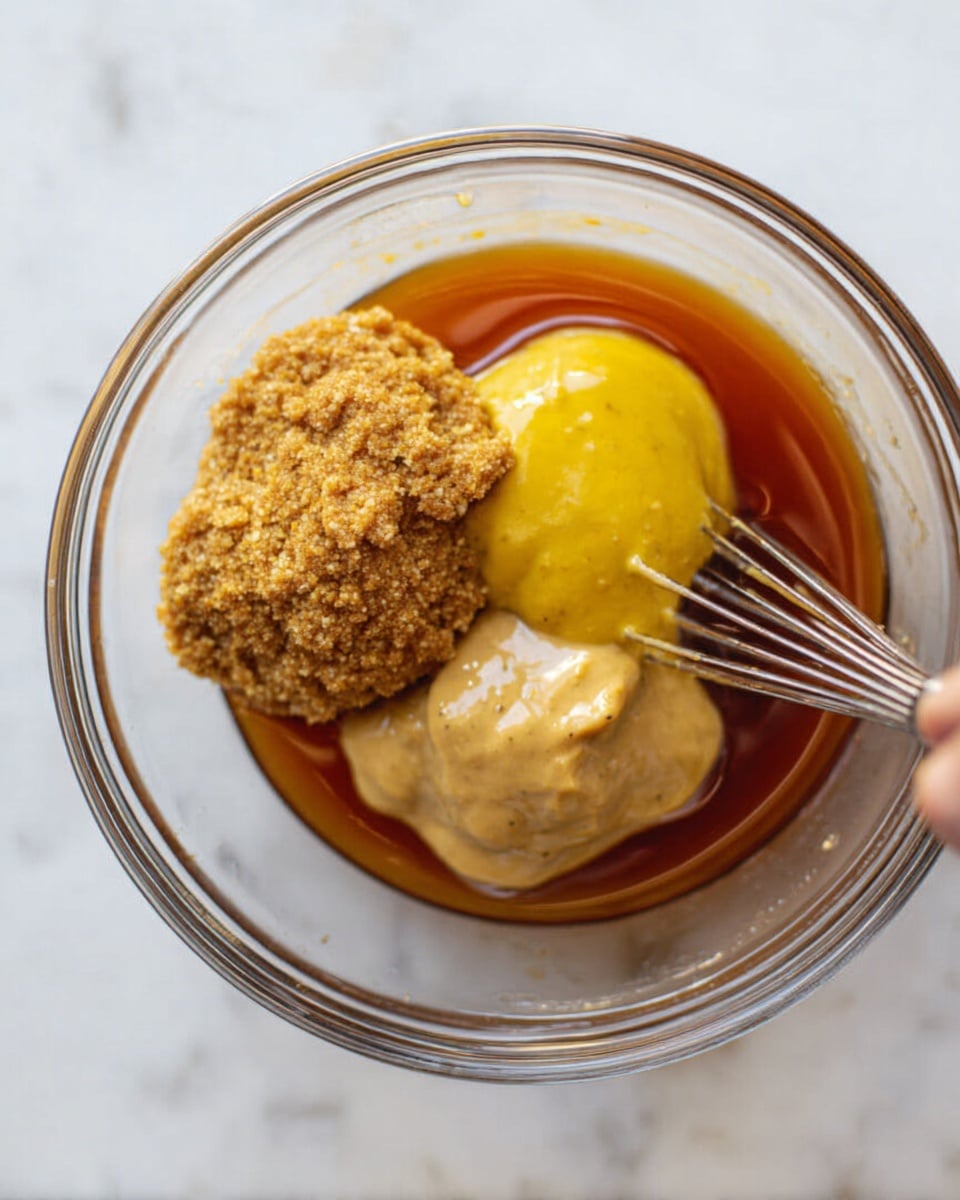 A clear glass bowl holds four separate dollops of ingredients: a coarse, grainy mustard with a brownish-yellow color on the left, a smooth, bright yellow mustard on the top, a light beige dollop in the middle, and a glossy pool of dark amber liquid filling the bottom and right side of the bowl. The bowl is placed on a white marbled surface, with a metal whisk resting on the right edge of the bowl. A woman's hand is slightly touching the whisk. Photo taken with an iphone --ar 4:5 --v 7