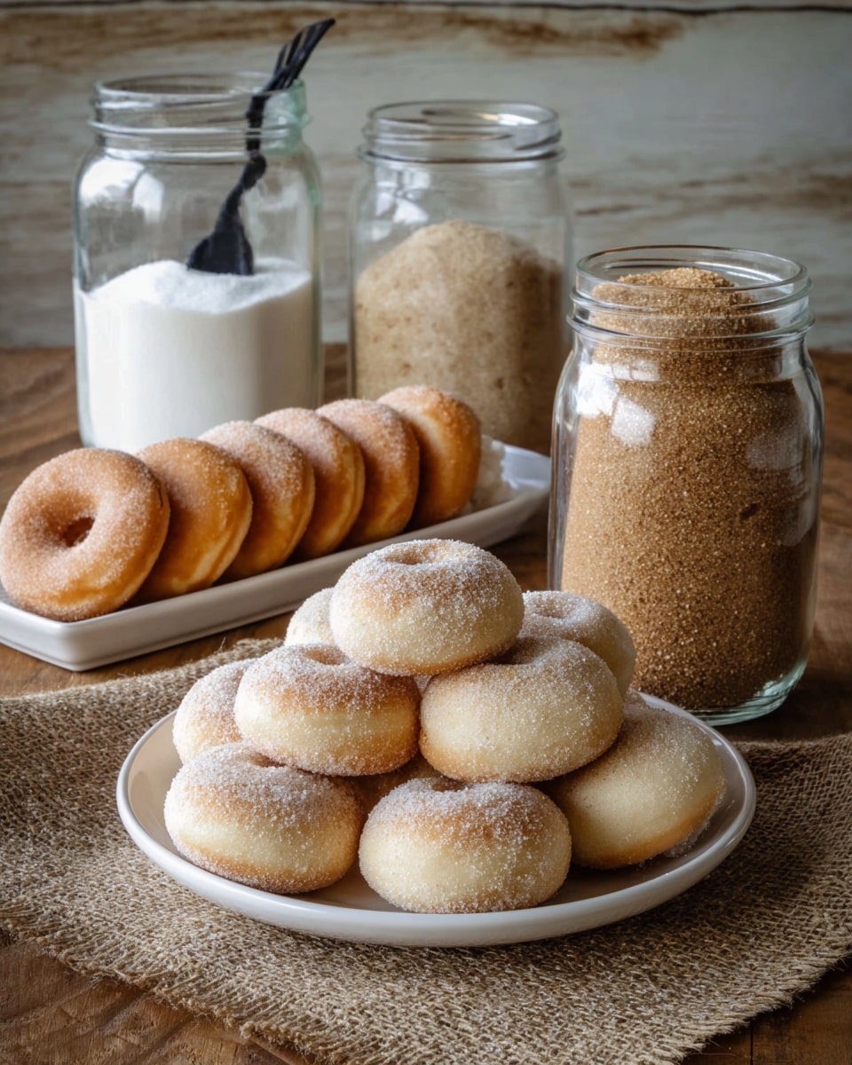 A wooden board holds a stack of nine light golden doughnuts with sugar sprinkled on top, showing a soft and fluffy texture. The doughnuts are placed in a slightly overlapping arrangement, with some leaning on others. Behind the board, two gray ceramic cups filled with dark coffee sit on a rustic wooden table covered partially by a burlap cloth. The background and surface have been changed to a white marbled texture. photo taken with an iphone --ar 4:5 --v 7
