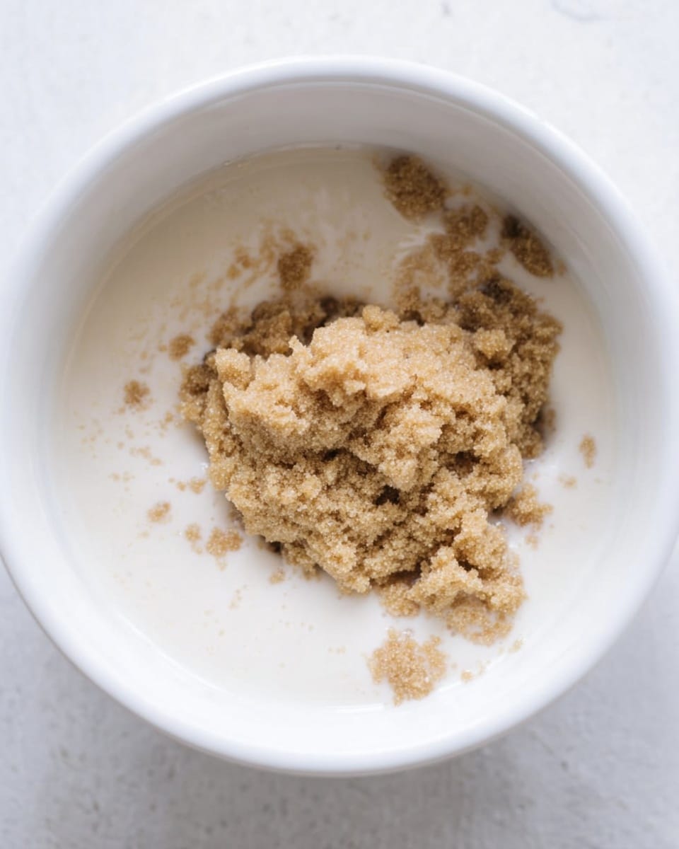 The image shows a close-up of a white bowl filled with a thick layer of white liquid, possibly milk, as the base. In the center, there is a mound of light brown, soft, crumbly texture resembling brown sugar, resting on top of the liquid. The surface under the bowl is white with a marbled texture. The overall look is simple, with one main mixture on a clean white bowl. Photo taken with an iphone --ar 4:5 --v 7