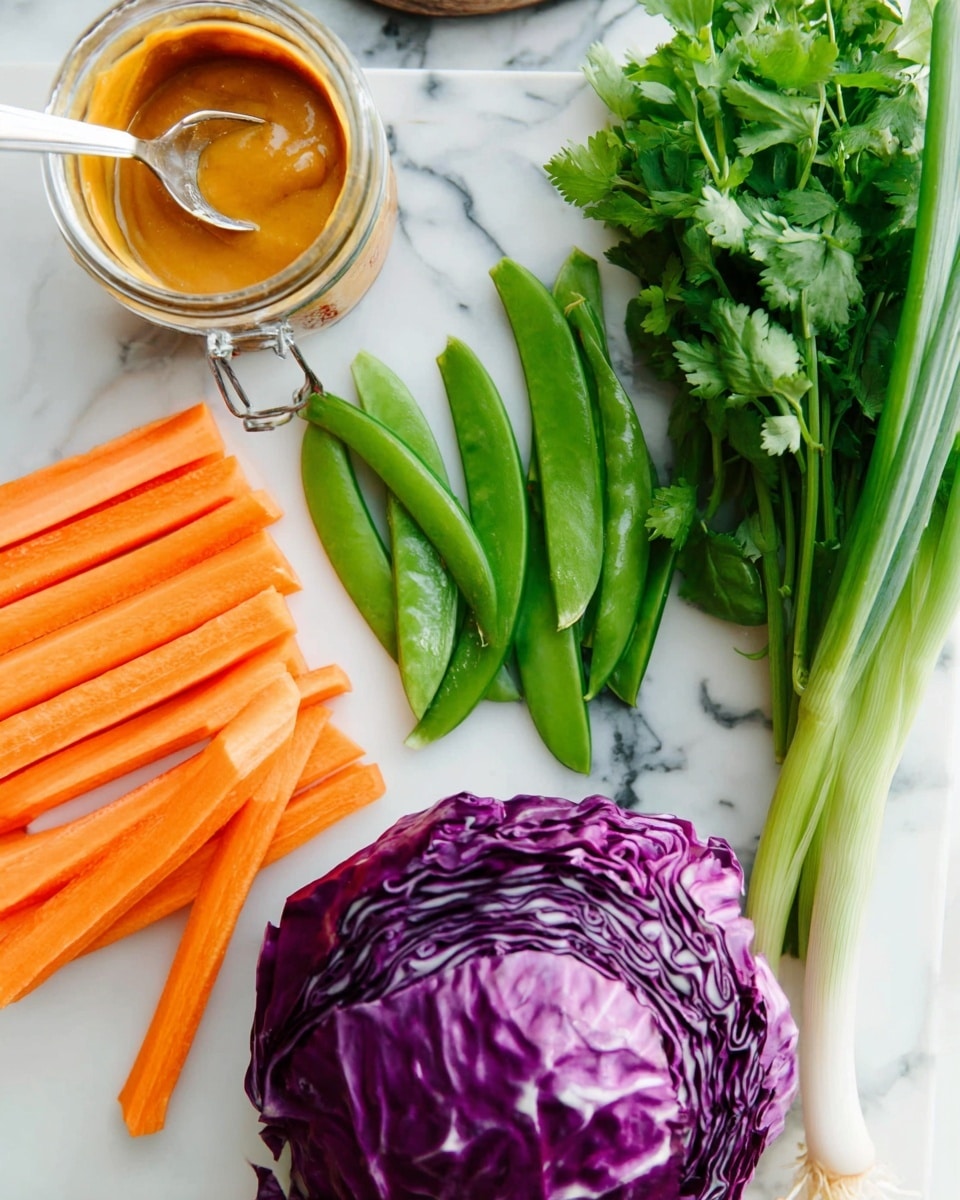 The image shows a fresh vegetable platter arranged on a white marbled surface. At the bottom, there is a half head of purple cabbage with a shiny, rough texture and white veins. To the left, there are several bright orange carrot sticks with smooth skin, stacked in a neat row. Next to the carrots, green snap peas are placed in a bunch with a crisp and fresh look. To the right of the peas, there are green onions with long, slender stalks and a slight shine. On the far right, a bunch of cilantro with soft, leafy green tops adds a light touch. In the top center, a jar of creamy orange sauce with a fork inside is visible, suggesting it is for dipping the vegetables. Photo taken with an iphone --ar 4:5 --v 7