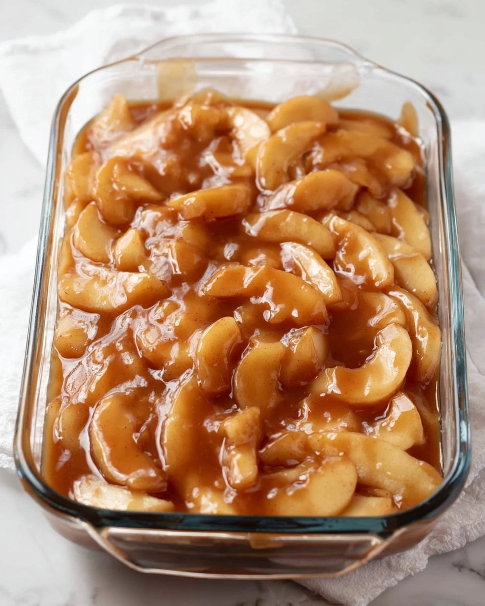 The image shows a rectangular glass dish filled with a single layer of sliced apples covered in a shiny, thick caramel-like sauce. The apple slices are soft and golden with some parts a light brown color, all coated evenly with the glossy sauce that has a smooth texture. The dish sits on a white marbled surface with part of a white cloth visible in the background. Photo taken with an iphone --ar 4:5 --v 7