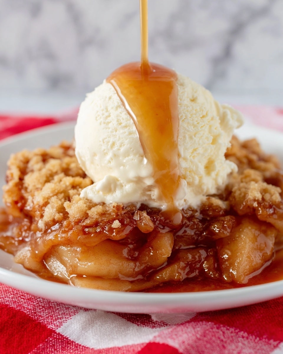 The image shows a white plate with a serving of warm apple dessert at the bottom, featuring soft, caramelized apple slices covered with a shiny brown sauce and a crumbly golden crust mixed in. On top of this layer is a large, creamy scoop of vanilla ice cream with a smooth and slightly textured surface. A golden caramel sauce is being poured over the ice cream, creating a glossy contrast as it drips down onto the dessert below. The plate is placed on a red and white checkered cloth, with a white marbled surface in the background. photo taken with an iphone --ar 4:5 --v 7