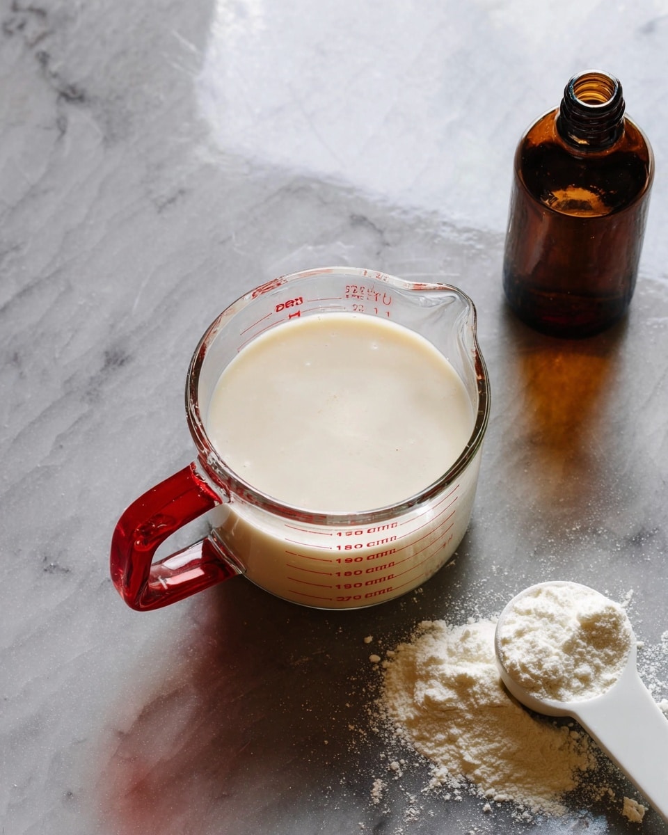 A clear glass measuring cup with red handle rests on a white marbled surface, filled with a smooth, creamy white liquid. Behind it, a small brown bottle filled with dark amber liquid stands upright, and to the right, a white measuring spoon holds white powder with some powder scattered on the marbled surface around it. The scene has a soft, natural light. photo taken with an iphone --ar 4:5 --v 7