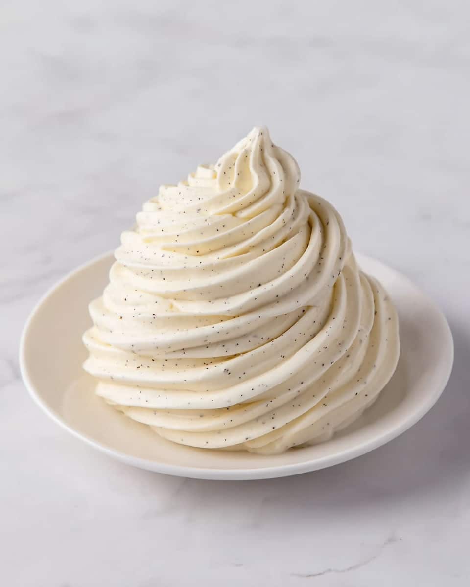 A swirl of light cream-colored frosting with tiny black specks is neatly piped in a layered spiral shape on a white plate. The frosting forms about seven thick curved layers, starting wider at the base and tapering to a small peak at the top. The smooth texture and gentle ridges show a soft, light, and airy consistency. The plate sits on a white marbled surface, and the image has soft lighting that highlights the creamy swirls without harsh shadows. photo taken with an iphone --ar 4:5 --v 7