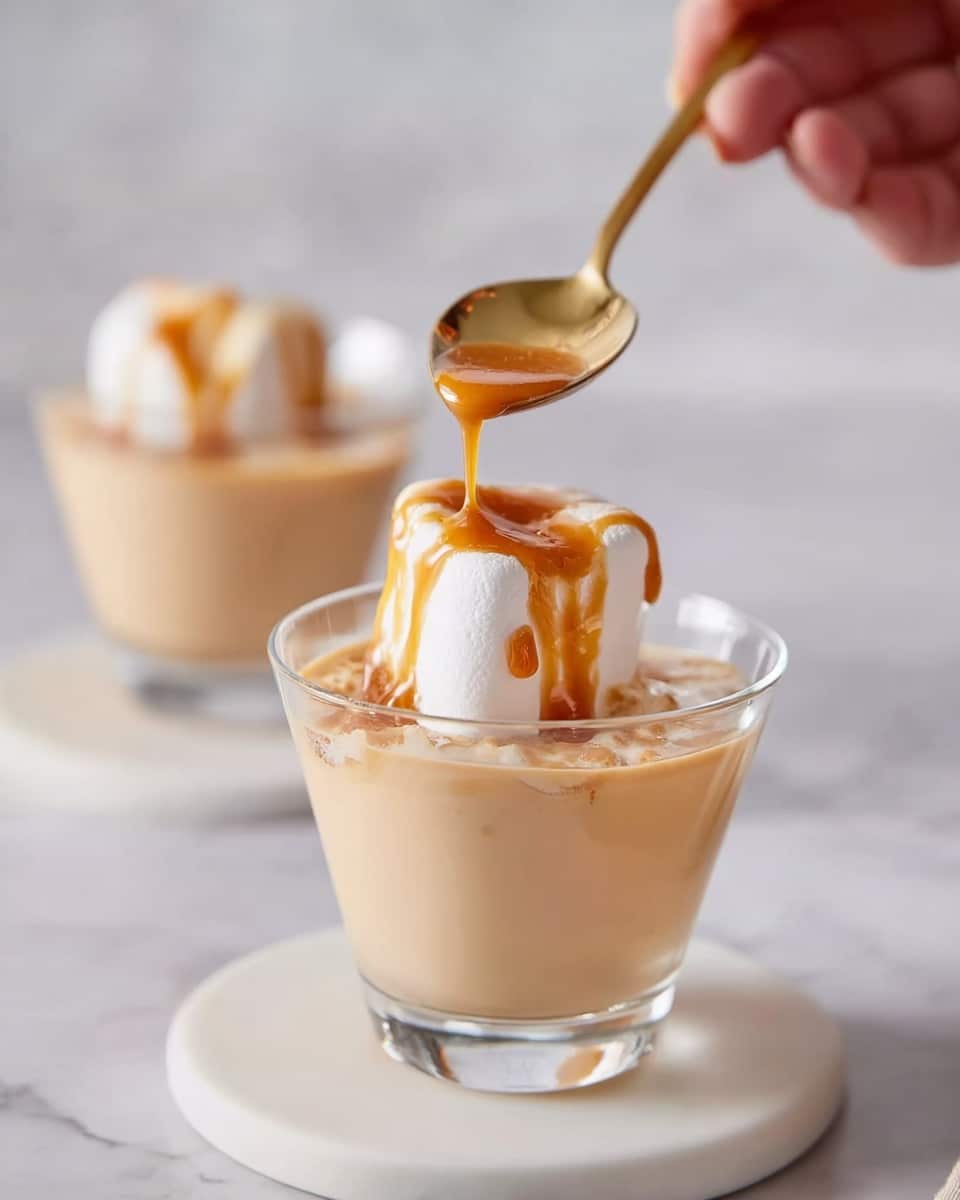 A clear glass dessert cup filled with a smooth light beige pudding forms the first layer, topped by a dollop of white whipped cream as the second layer. A woman's hand holds a silver spoon above the cup, slowly pouring a thin layer of golden caramel sauce over the whipped cream, creating delicate swirls of shiny amber color around the top. In the background, there is a second identical dessert on a white marbled textured surface, and the backdrop is a clean white tiled wall. photo taken with an iphone --ar 4:5 --v 7