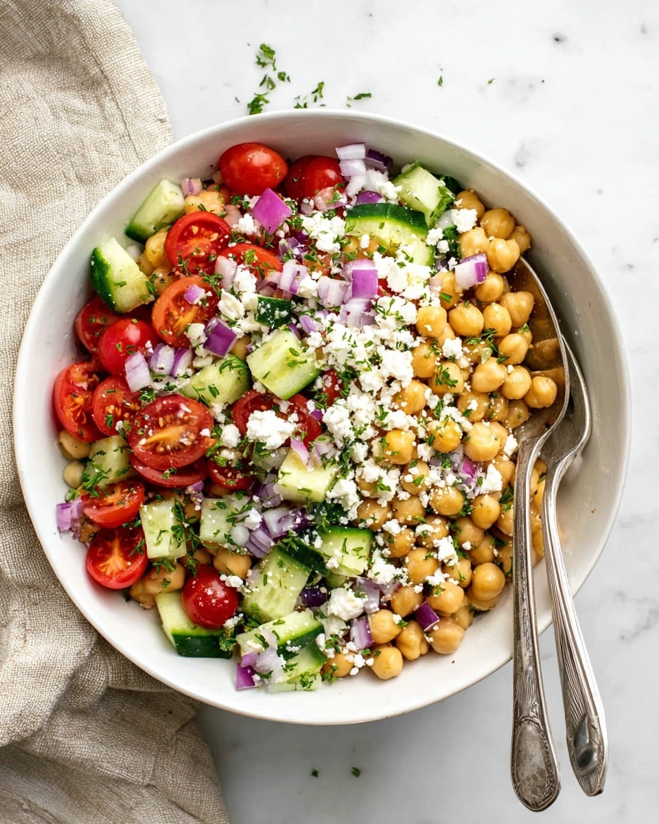 A white bowl filled with a fresh salad containing beige chickpeas as the base layer, mixed with bright green cucumber pieces, halved red cherry tomatoes, and purple-red onion chunks, all topped with crumbled white feta cheese and small green parsley leaves sprinkled throughout. A clear glass jug is pouring a brown dressing over the salad from above the left side. Two silver vintage-style forks rest inside the bowl on the right side, with the bowl placed on a beige cloth on a white marbled surface. In the background, a bunch of green parsley is slightly blurred, along with a clear textured glass and a small white dish containing coarse salt and black pepper nearby. Photo taken with an iphone --ar 4:5 --v 7