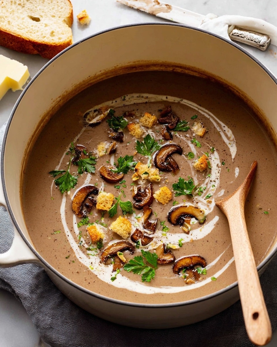 A large white pot filled with smooth, creamy brown mushroom soup with visible swirls of cream on top. The soup is decorated with small, dark brown sautéed mushroom slices scattered evenly on the surface along with golden brown croutons and bright green fresh parsley leaves. A wooden spoon with a light brown handle is resting inside the soup on the left side. The pot sits on a soft gray cloth on a white marbled surface, and in the background, there is a slice of bread with butter and a silver butter knife. Photo taken with an iphone --ar 4:5 --v 7