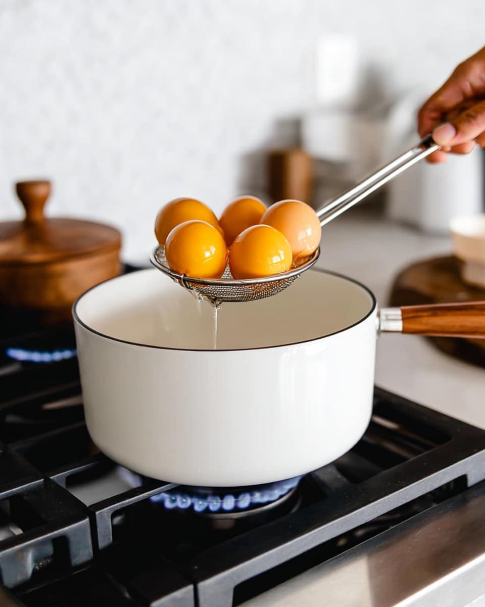 A white pot with a wooden handle sits on a black stovetop with blue flames visible beneath. Inside the pot, several bright orange egg yolks are gently held above the pot in a metal skimmer with a long handle. A woman's hand is holding the skimmer, lifting the egg yolks from the pot. The background features a white marbled texture surface and other kitchen elements are slightly blurred. Photo taken with an iphone --ar 4:5 --v 7