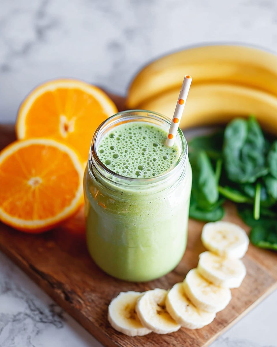 A clear glass jar is filled with a light green smoothie topped with small bubbles, with a white straw that has orange dots placed inside, standing on a wooden board. Around the jar on the board are slices of banana, and in the background are round slices of bright orange fruit and a few whole bananas. To the right side of the jar, there is a bunch of fresh green spinach leaves. The surface beneath the board is a white marbled texture. Photo taken with an iphone --ar 4:5 --v 7