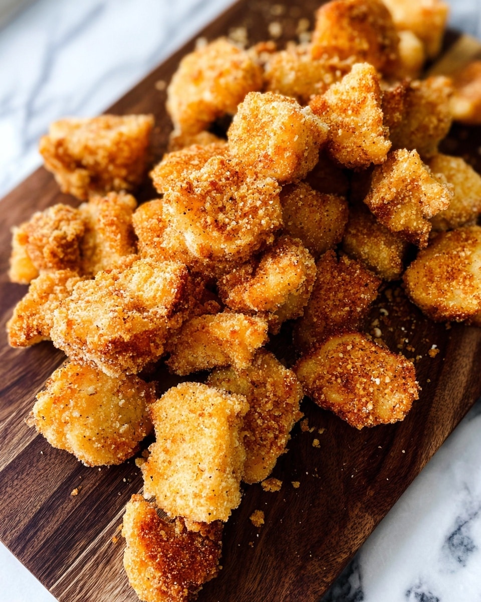 The image shows small golden brown fried food pieces piled on a dark wooden board. Each piece is irregular in shape with a crunchy, textured coating that looks crispy and seasoned with small visible specks of spices. The wooden board contrasts with the white marbled background, making the fried pieces stand out clearly. Photo taken with an iphone --ar 4:5 --v 7