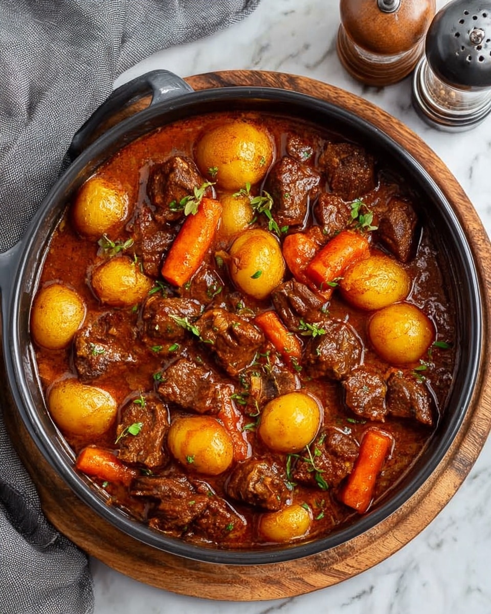 The image shows a round white pot filled with a beef stew containing about three layers of chunky ingredients. The first layer includes large pieces of dark brown cooked beef with a rough texture spread evenly. The second layer has bright orange carrot chunks that are thick and smooth, scattered between the beef pieces. The third layer features whole peeled yellow potatoes with a shiny surface, alongside translucent cooked onion pieces. All the layers are covered in a rich, reddish-brown broth, garnished with small green herb leaves scattered on top. The pot sits on a white marbled surface. Photo taken with an iphone --ar 4:5 --v 7