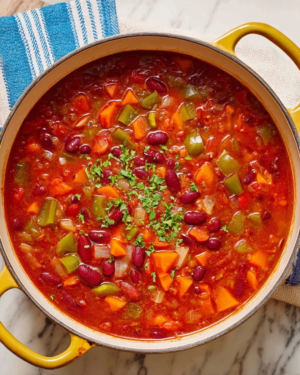 A large white pot with yellow handles is filled with a thick, vibrant stew showing three main layers: a deep red tomato and broth base, mixed with plenty of small red kidney beans floating throughout; medium-sized chunks of orange carrots, green bell peppers, and translucent onions spread evenly in the middle; and chopped green herbs sprinkled on top for a fresh finish. The pot is set on a white marbled surface with a blue and white striped cloth nearby. Photo taken with an iphone --ar 4:5 --v 7
