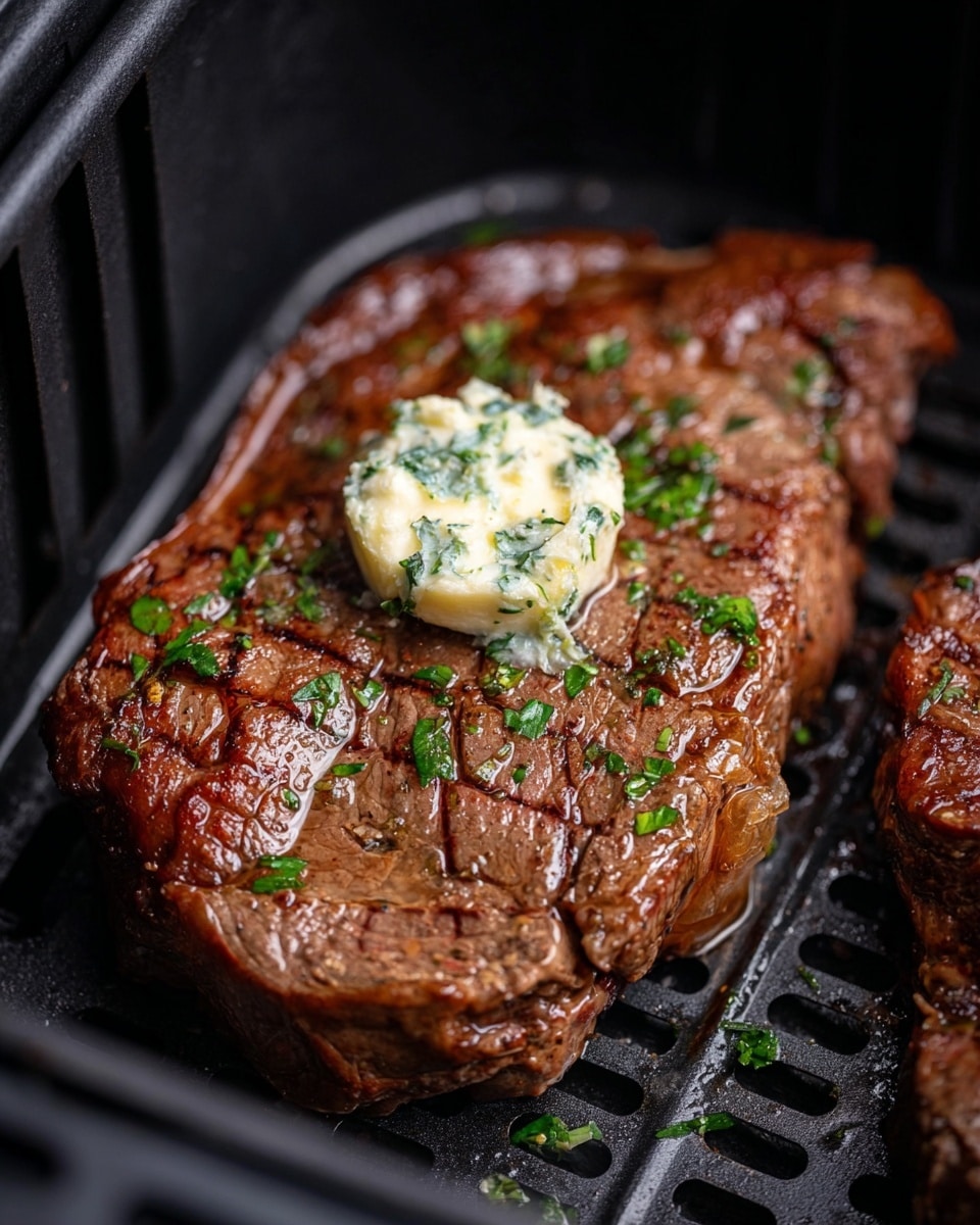 A shiny, cooked steak with a brown, grilled texture lies in a black air fryer basket. The steak has visible grill marks and a slightly juicy surface. On top of the steak, there is a small round piece of white butter mixed with green herbs. Small pieces of chopped green herbs are scattered over the steak and inside the basket for decoration. The background shows the basket's black grates and walls. Photo taken with an iphone --ar 4:5 --v 7
