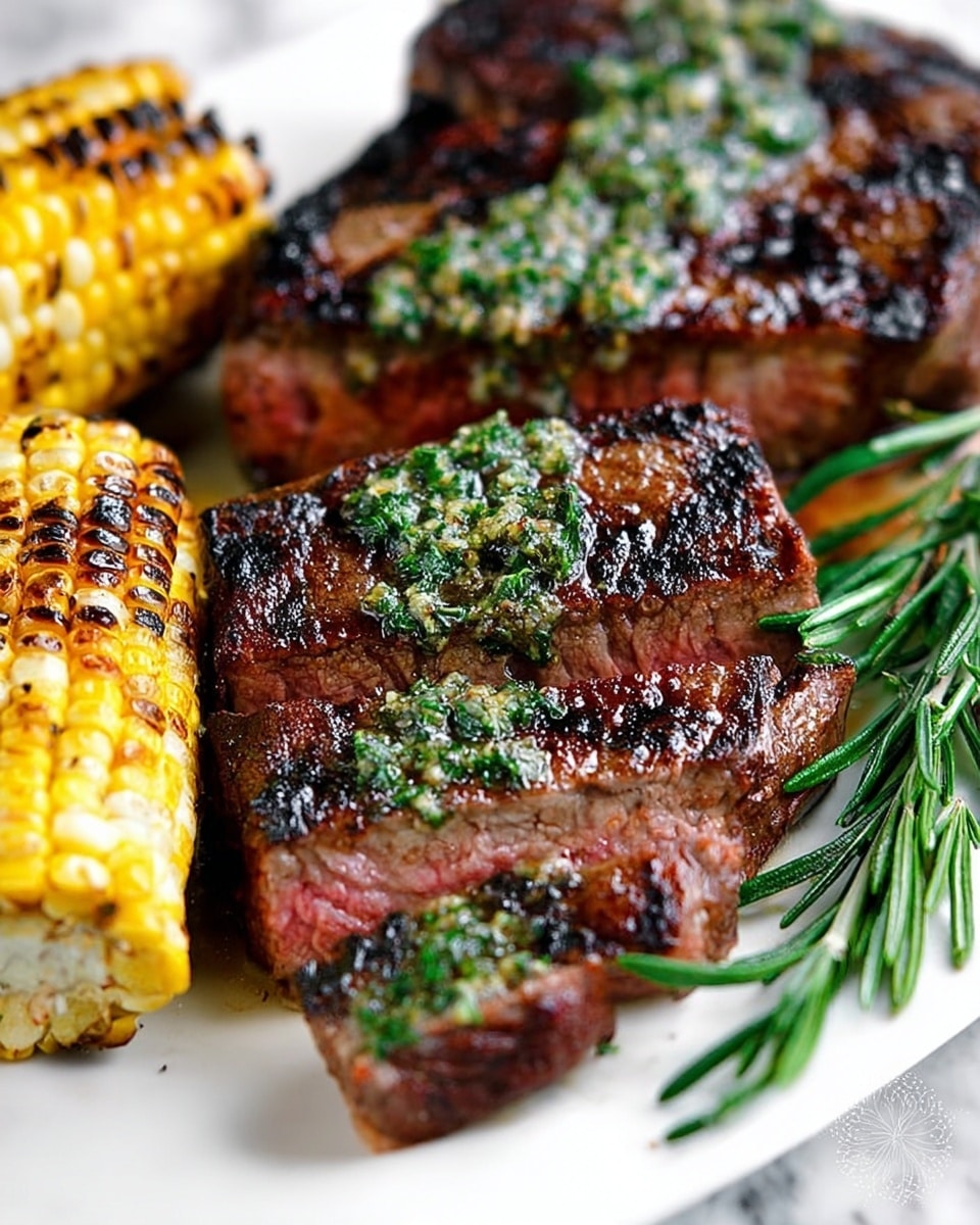 The image shows two grilled steaks with dark brown, crispy edges and juicy inner parts topped with a melting green herb butter in the center. There is a long grilled corn on the cob with yellow and slightly charred kernels placed above the steaks. Fresh green herbs, including parsley and a sprig of rosemary, are laid beside the steaks to add color contrast. A silver fork lies next to the herbs on a white plate, all set against a white marbled surface. Photo taken with an iphone --ar 4:5 --v 7