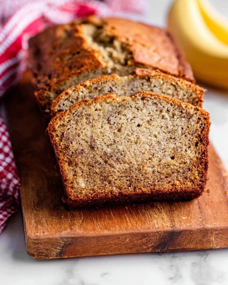 A close-up view of a sliced banana bread loaf resting on a wooden cutting board placed on a white marbled surface. The bread has a golden brown crust with a slightly rough texture, and the inside is moist with a crumbly texture that shows small dark specks throughout, indicating ripe bananas mixed in. Three thick slices are cut, positioned slightly angled, showing the soft and dense interior with a light brown color contrasted with darker banana spots. A red-and-white checkered cloth is partially visible under the cutting board at the back, along with a blurry banana in the background. Photo taken with an iphone --ar 4:5 --v 7