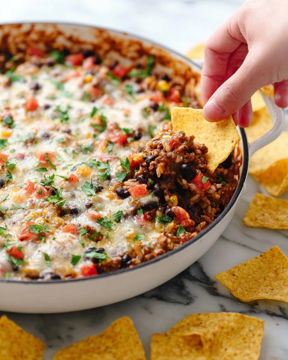A white pan filled with a layered dish showing a mix of melted cheese, black beans, rice, ground meat, and small diced red and green vegetables, all topped with chopped green herbs. A woman's hand is dipping a rectangular light yellow chip into the dish which has a moist, textured surface with the cheese slightly browned and bubbling in places. Around the pan, light yellow chips are scattered on a white marbled surface. photo taken with an iphone --ar 4:5 --v 7