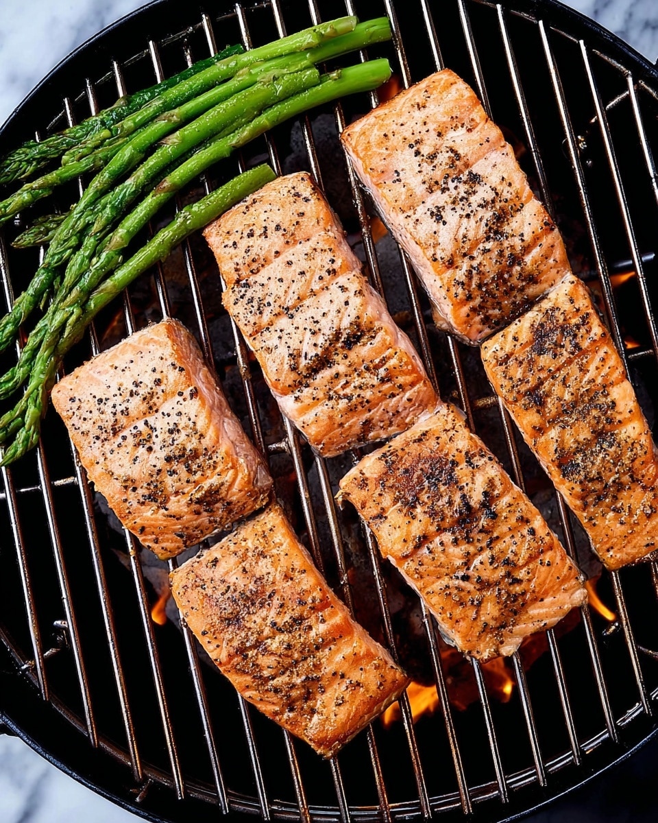 Four rectangular salmon fillets with a light pink-orange color, sprinkled with black pepper and grill marks, laid side by side on a round grill grate with visible flames below. On the upper left side, a small bunch of green asparagus spears is arranged diagonally across the grill. The grill surface is black with metal bars, and the whole scene is set against a white marbled texture background. photo taken with an iphone --ar 4:5 --v 7