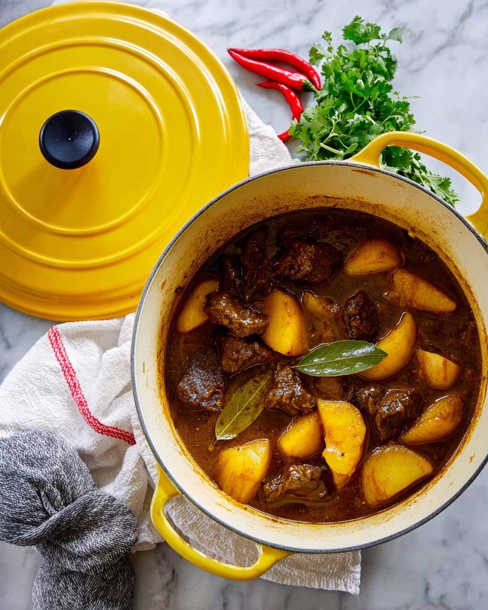 A yellow pot with two handles is open, showing a stew inside with chunks of dark brown meat and many pieces of golden brown potatoes in brown sauce, and a bay leaf sitting on top; the pot lid is placed slightly to the side, matching the yellow color of the pot with a black knob. The pot is resting on a white marbled surface with a white cloth with red stripes under the handle and two grey oven mitts nearby. Red chili peppers and green leafy herbs are also placed on the surface near the pot. photo taken with an iphone --ar 4:5 --v 7