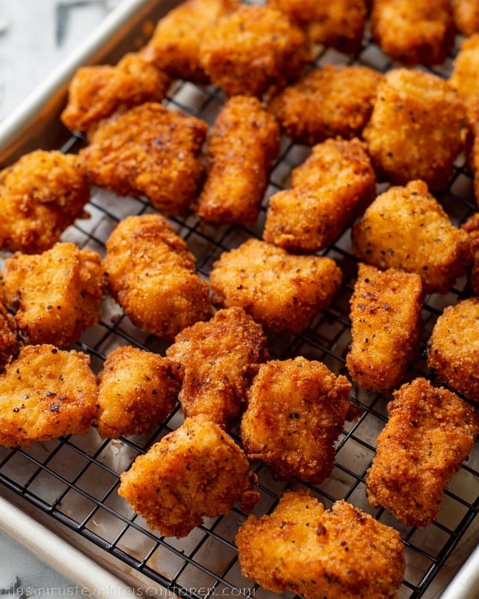 A close-up view of many pieces of fried chicken nuggets placed closely together on a metal cooling rack. The nuggets are golden brown with a crispy texture, showing small specks of black pepper and seasoning on their crunchy surface. The cooling rack is set on a metal tray, all resting on a white marbled texture background. The nuggets vary in size and shape, some with rough edges and others smoother, showing their crunchy, fried coating in rich detail. photo taken with an iphone --ar 4:5 --v 7