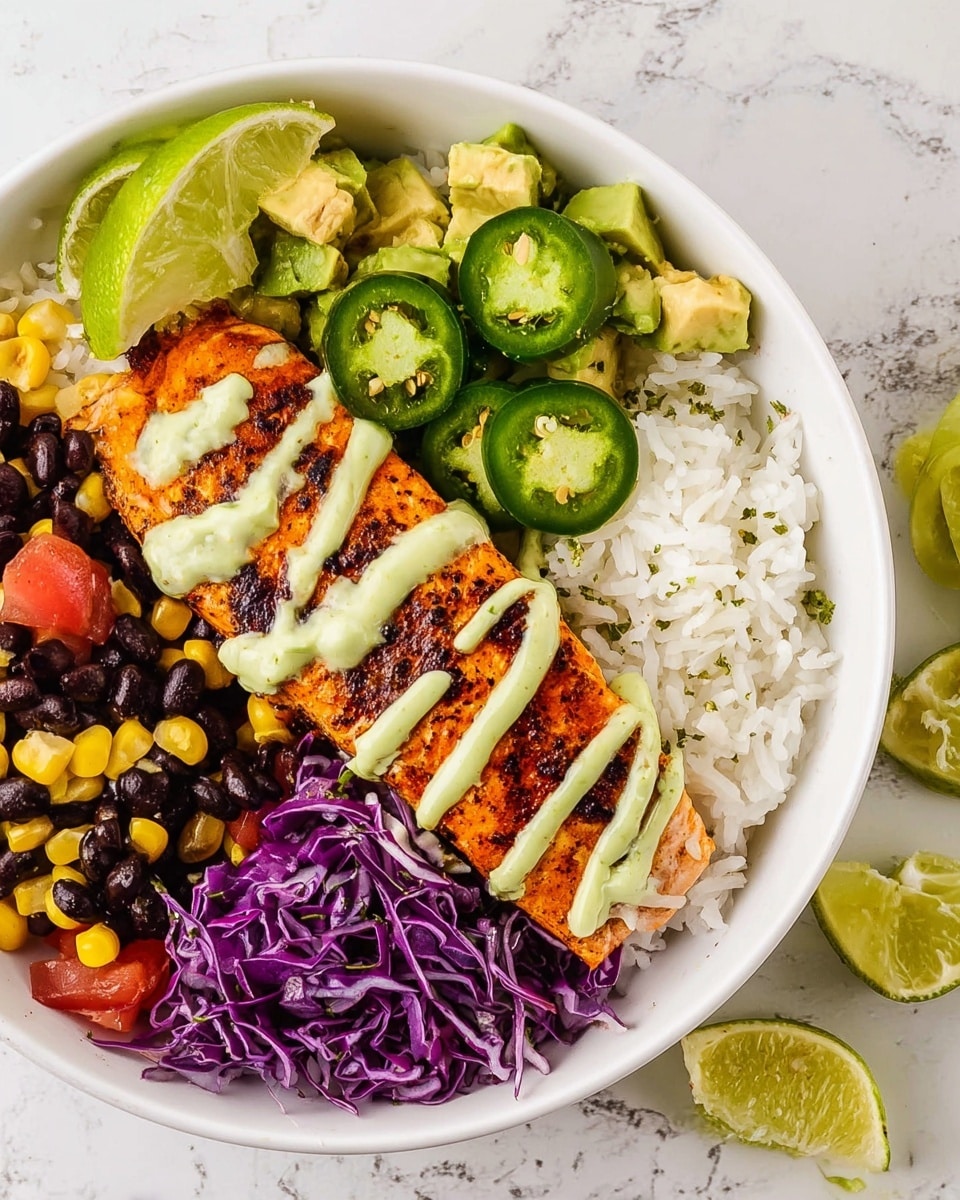 A white bowl filled with steamed white rice on the right side, next to diced green avocado and small pieces of red tomato. On top of the rice sits a grilled, orange-brown piece of fish drizzled with light green sauce in diagonal lines. Below the fish is a pile of shredded purple cabbage. To the left of the fish is a mix of black beans with yellow corn and bits of green and red pepper. Sliced green jalapeños sit on top of the bean mix, and three lime wedges rest at the back near the fish. The bowl is set on a white marbled surface. Photo taken with an iphone --ar 4:5 --v 7