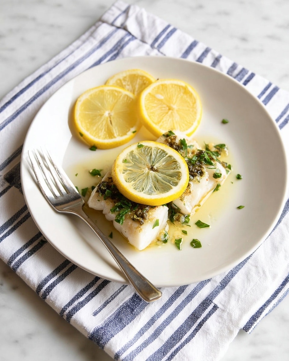 A white plate with a piece of cooked fish fillet topped with a round slice of lemon and sprinkled with green herbs and sauce, positioned slightly off center. Above the fish, three lemon wedges are placed, two leaning against each other and one standing upright. To the left of the fish, a silver fork rests on the plate’s edge. The plate sits on a white cloth with wide blue stripes, all on a white marbled surface. photo taken with an iphone --ar 4:5 --v 7
