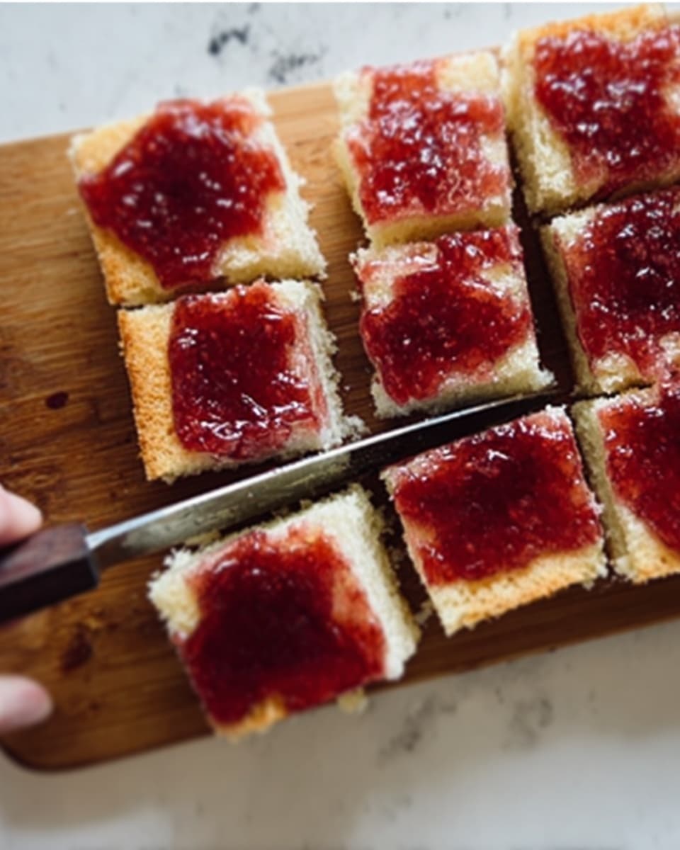 The image shows a close-up of a wooden cutting board with square pieces of a soft yellow cake topped with a thick layer of red jam spread evenly across each piece. A knife with a dark handle is slicing through one piece, and a woman's hand is gently holding the cake steady. The background is a white marbled surface. The photo looks natural and bright, showing texture in both the cake and the jam. photo taken with an iphone --ar 4:5 --v 7