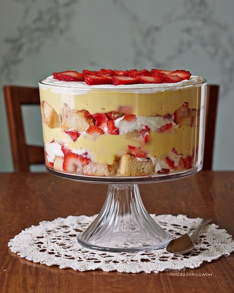 A clear glass trifle bowl with a pedestal holds a dessert made of visible layers. The bottom layer is pale yellow custard with red strawberry pieces and light-colored sponge cake chunks. Above that is a thick white creamy layer mixed with more sponge cake and strawberry pieces. Another layer of pale yellow custard follows, topped by more cream with sponge and strawberries scattered inside. The dessert is topped with a smooth layer of pale yellow custard, decorated with sliced red strawberries arranged evenly. The bowl sits on a white crocheted doily on a wooden table, with a white marbled background. Photo taken with an iphone --ar 4:5 --v 7