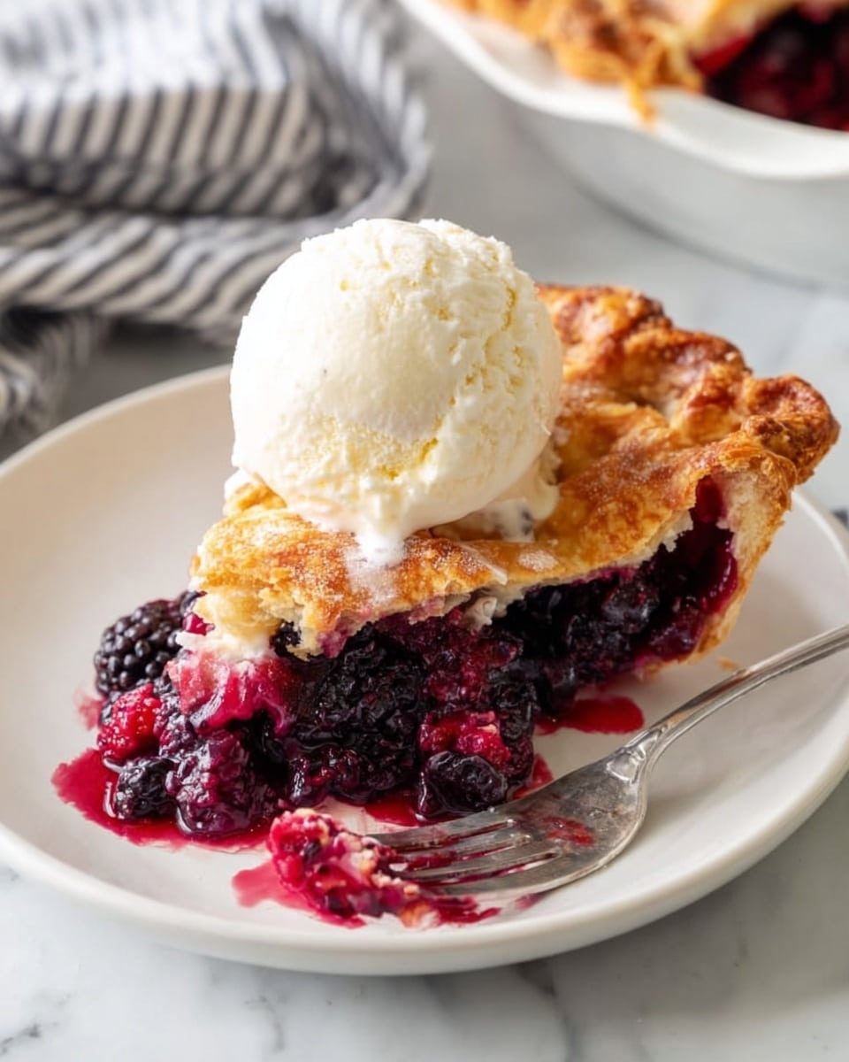A slice of berry pie on a white plate shows three layers: the top golden-brown crust with a flaky, crisp texture, the middle juicy berry filling with deep purples and reds made of whole berries, and the bottom crust that is also light golden and flaky. On top of the pie slice is a scoop of melting vanilla ice cream, creamy white with soft melting edges dripping down the sides. A silver fork rests on the plate with a small bite of pie and bright berry filling on its tines. The plate is placed on a white marbled surface, and in the background there is a striped cloth and another plate with more pie. Photo taken with an iphone --ar 4:5 --v 7