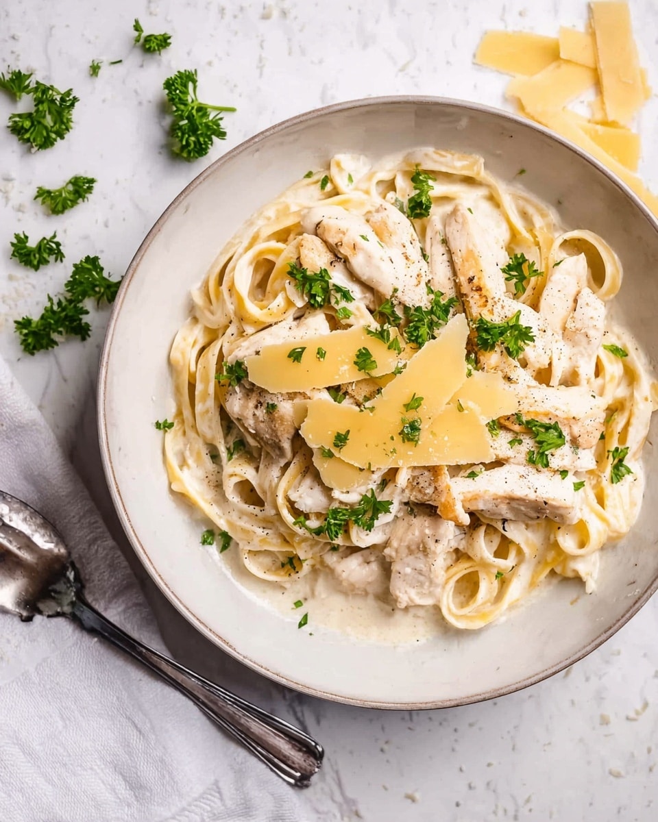 The dish shows a white bowl with creamy fettuccine pasta arranged in a loose spiral at the base. On top, there are strips of light cream-colored chicken covered in a glossy white sauce. Scattered over both the pasta and chicken are large flat yellowish cheese shavings. Small bright green parsley leaves are spread evenly across the dish, adding a fresh color contrast. The bowl sits on a white marbled surface with stray cheese shards and parsley around it. A silver spoon and white cloth are visible in the corner, adding to the composition. Photo taken with an iphone --ar 4:5 --v 7