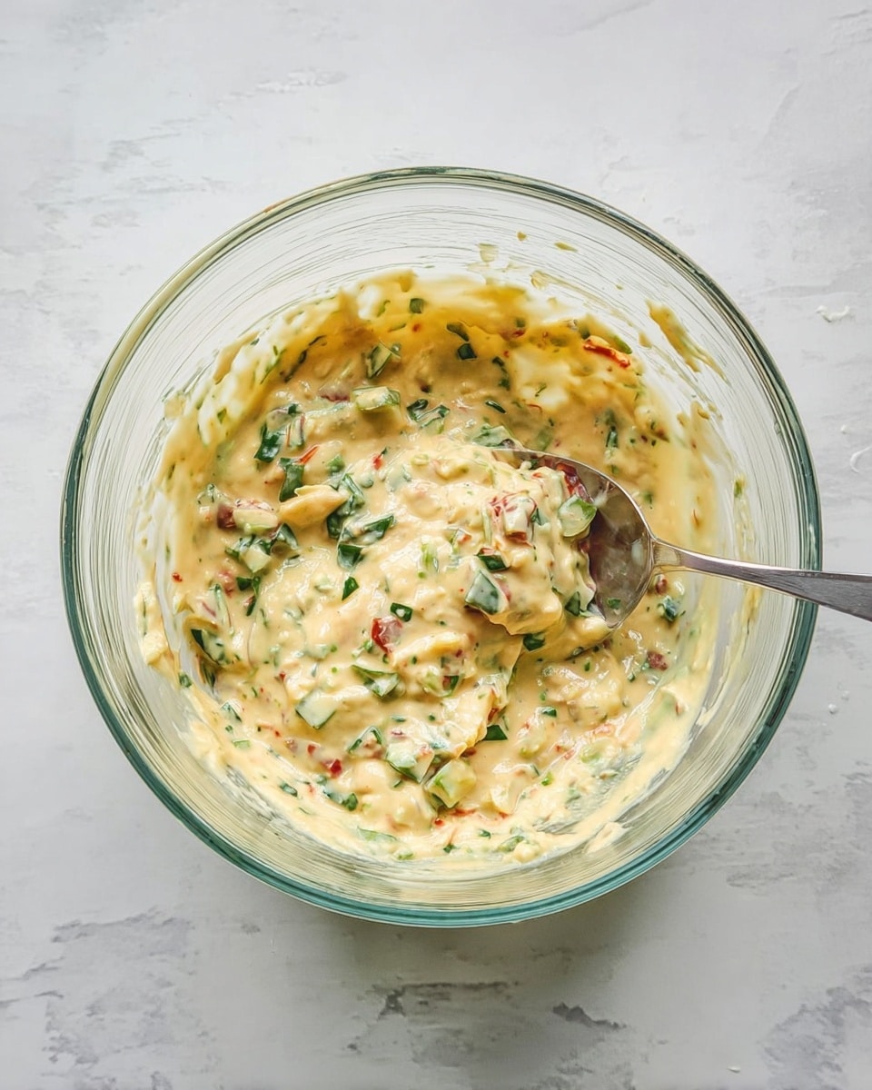 A clear glass bowl holds a thick, creamy mixture with a pale yellow base. Mixed throughout are small pieces of green leafy vegetables and tiny bits of red and orange, adding pops of color and texture. A metal spoon is partially dipped into the mixture on the right side of the bowl. The bowl sits on a white marbled surface, creating a clean and bright setting. photo taken with an iphone --ar 4:5 --v 7