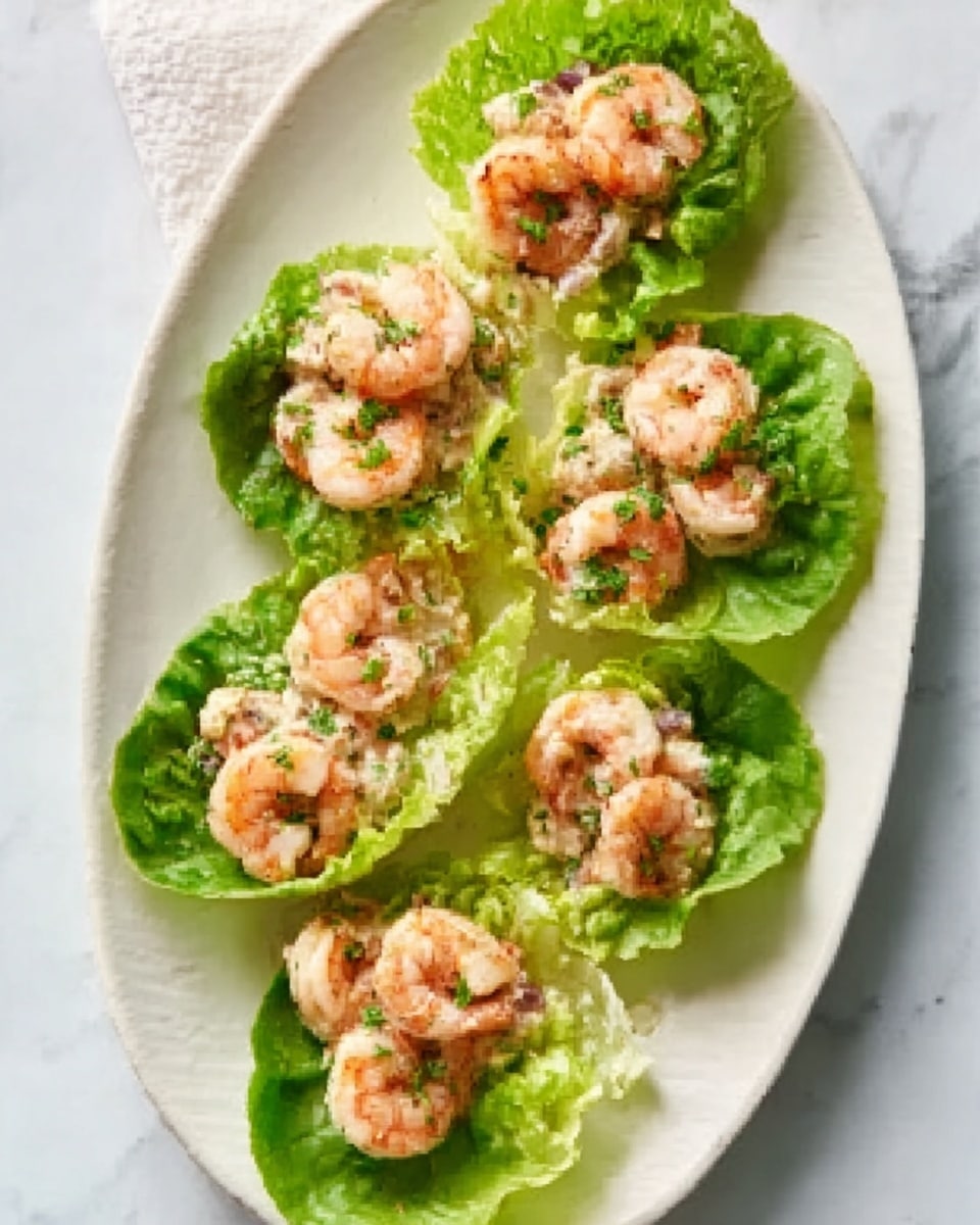 The dish shows a white oval plate on a white marbled surface, holding six green lettuce leaves filled with small round shrimp that are lightly browned, sitting on top of what looks like creamy tuna or chicken salad mixed with small bits. The shrimp have a slight shine, and the lettuce leaves curl gently up around the filling, creating small cups. The colors are light green from lettuce, pinkish-orange from shrimp, and creamy beige from the salad underneath. The food is arranged neatly with even spacing on the plate. Photo taken with an iphone --ar 4:5 --v 7