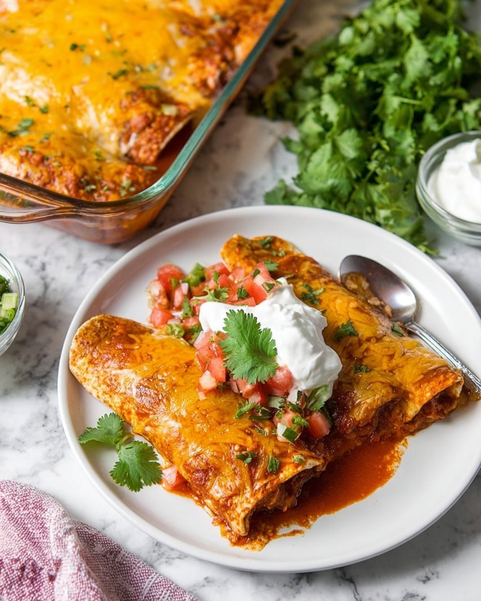 A white plate holds two enchiladas covered in melted orange cheese that looks smooth and slightly bubbly. The enchiladas are soaked in red sauce that pools gently around the base. Chunks of red diced tomatoes mixed with small green pieces and white bits are scattered over the top, adding color and texture. A spoonful of white sour cream sits in the middle, topped with a fresh green cilantro leaf. More cilantro sprigs are placed around the plate for garnish. In the background, the corner of a glass baking dish filled with more enchiladas covered in the same cheese and sauce is visible on a white marbled surface. A bunch of fresh green cilantro sits to the side, with a small bowl of sour cream nearby. Photo taken with an iphone --ar 4:5 --v 7