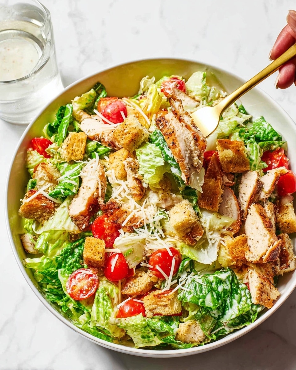 A large white bowl filled with a colorful salad includes several layers: at the bottom, fresh green romaine lettuce leaves with a crisp texture; above that, bright red cherry tomato halves scattered all around; on top, grilled slices of light brown chicken pieces with seasoning; golden brown croutons are mixed throughout, adding crunch; the entire salad is sprinkled with finely shredded pale yellow cheese. A woman's hand is holding a gold-colored fork lifting a portion of the salad. The bowl sits on a white marbled surface with a glass of white dressing in the background. Photo taken with an iphone --ar 4:5 --v 7