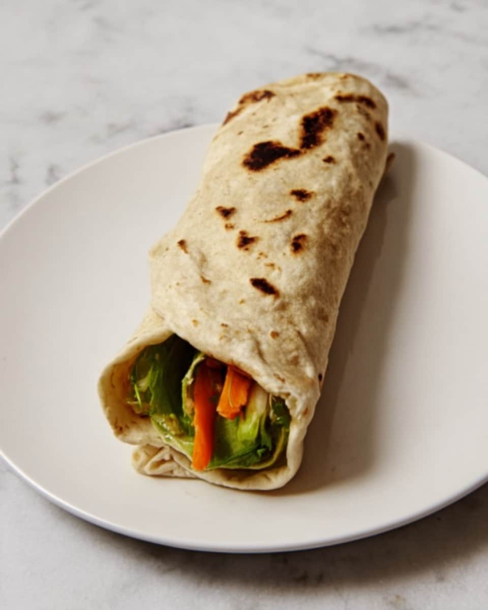 The image shows a single rolled wrap placed in the center of a white plate on a white marbled surface. The wrap is light brown with dark toasted spots, giving it a slightly charred look. Inside the wrap, there are visible colorful layers of fresh ingredients, including green leafy vegetables and bright orange strips, likely carrots, peeking out from one end. The texture of the wrap appears soft but firm enough to hold the filling together. photo taken with an iphone --ar 4:5 --v 7