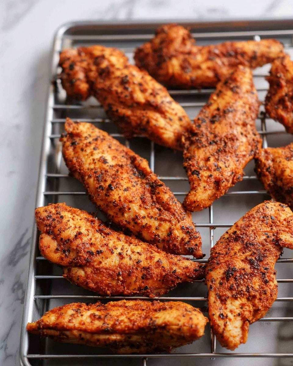 The image shows several pieces of cooked chicken tenders arranged unevenly on a metal grilling rack. Each tender is coated with a reddish-brown spice rub, giving them a textured surface with dark specks of seasoning. The tenders vary slightly in size and shape, showing a crisp and slightly charred exterior that suggests they were grilled or baked. The background is a white marbled texture under the rack, adding a clean and bright contrast to the warm tones of the chicken. photo taken with an iphone --ar 4:5 --v 7
