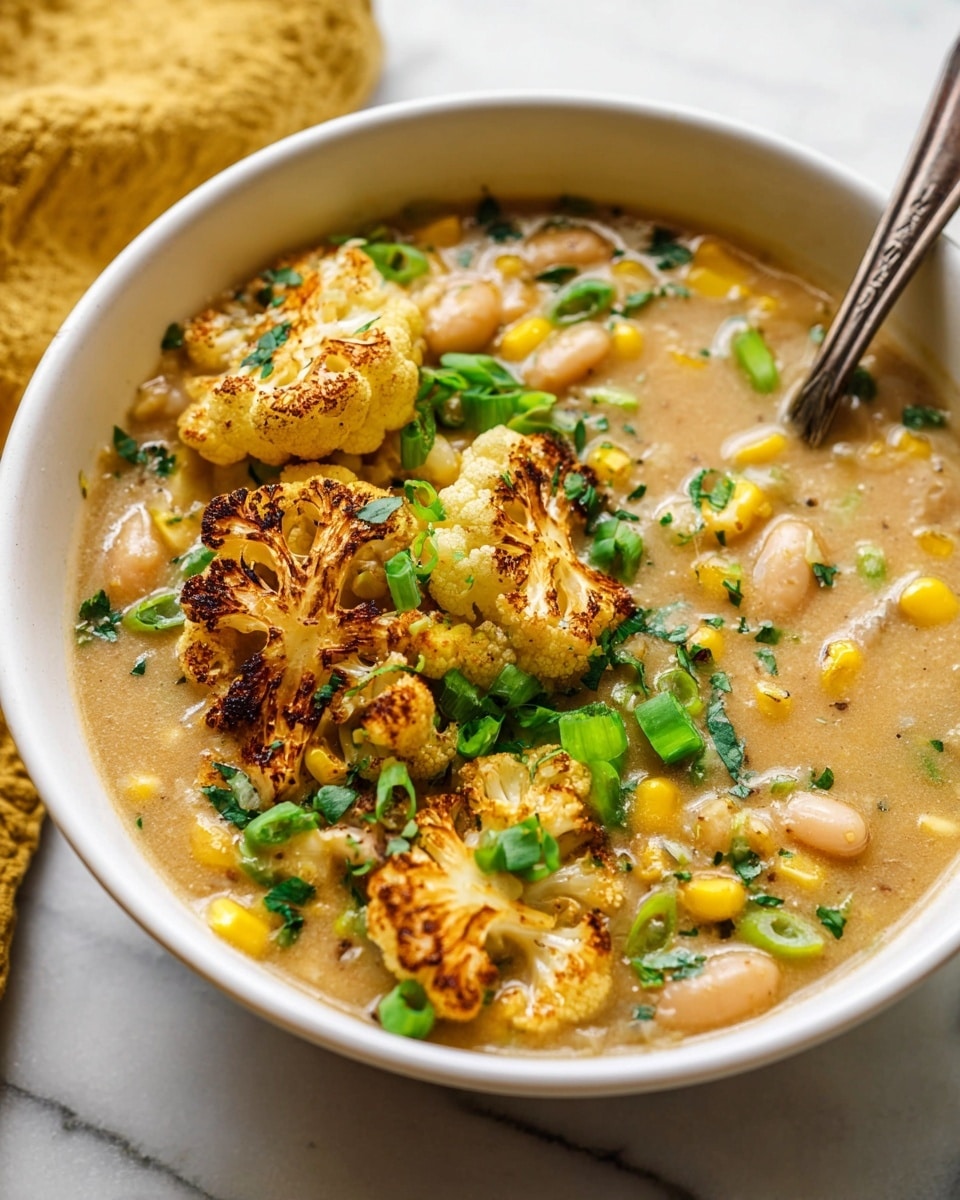 A bowl of thick soup filled with creamy light brown broth showing beans and yellow corn kernels as the base layer, topped with crispy golden roasted cauliflower florets with charred edges, and chopped bright green onions scattered on top, garnished with small green herbs around. The bowl is white, placed on a white marbled surface, with a silver spoon resting on the side. Photo taken with an iphone --ar 4:5 --v 7