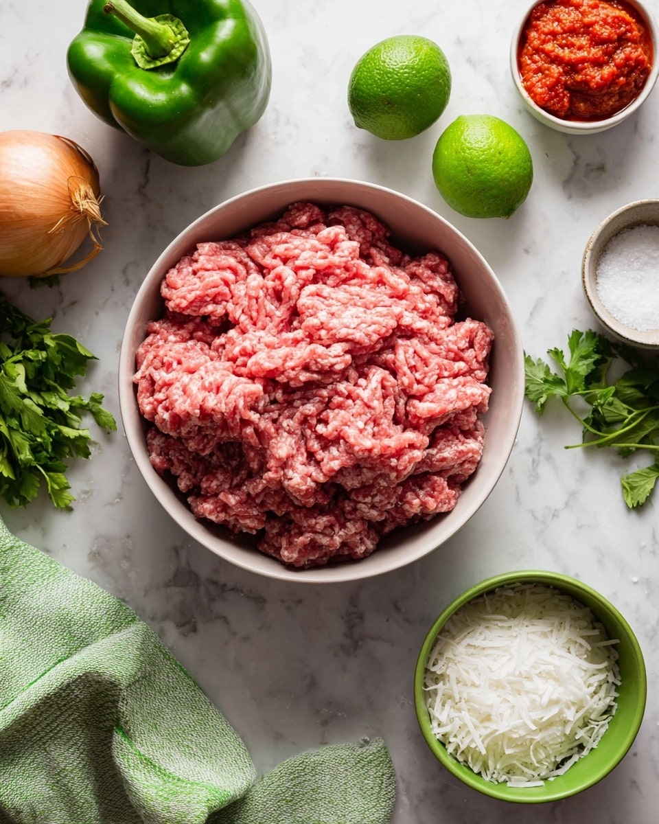 A bowl filled with raw pink minced meat sits in the center on a white marbled surface, surrounded by cooking ingredients: a whole green bell pepper on the left, two green limes above, a bunch of fresh green herbs to the right, a whole light brown onion in the top left corner, a small white bowl of salt in the bottom right, a small green bowl filled with white shredded coconut at the bottom left, and a small bowl with bright red paste or sauce above the meat bowl. A green and white towel lies near the bottom left corner. Photo taken with an iphone --ar 4:5 --v 7