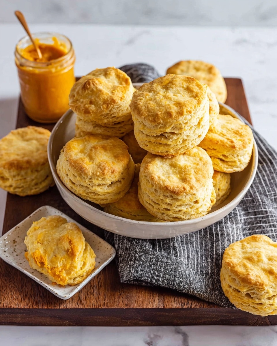 A round white bowl sits on a dark wooden board with a gray and white striped cloth underneath, filled with about ten golden yellow biscuits stacked in two layers, showing their flaky, crumbly texture. Surrounding the bowl are more biscuits with a slightly shiny, light brown top crust, showing a soft and fluffy inside with some rough edges. To the left, there is a small glass jar with an orange spread, and one biscuit is resting on a small square white dish, revealing a detailed, uneven surface. The background is a white marbled texture. photo taken with an iphone --ar 4:5 --v 7