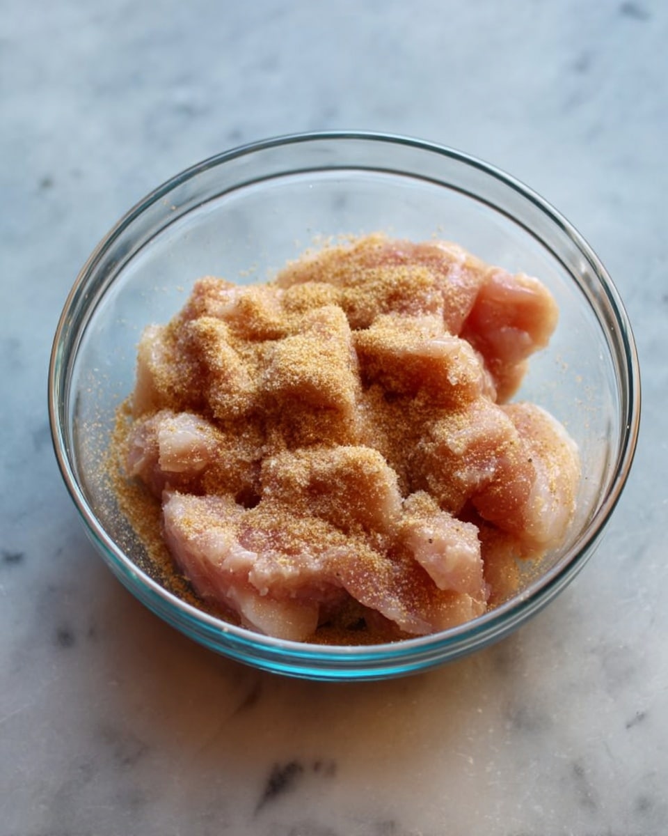 A clear glass bowl sits on a white marbled surface, filled with raw, pale pink slices of meat. The meat pieces have a smooth and slightly wet texture, and they are sprinkled lightly with a layer of fine, light brown seasoning powder that covers most of the top surface. The bowl is simple and transparent, showing the mix of meat and seasoning inside clearly. photo taken with an iphone --ar 4:5 --v 7