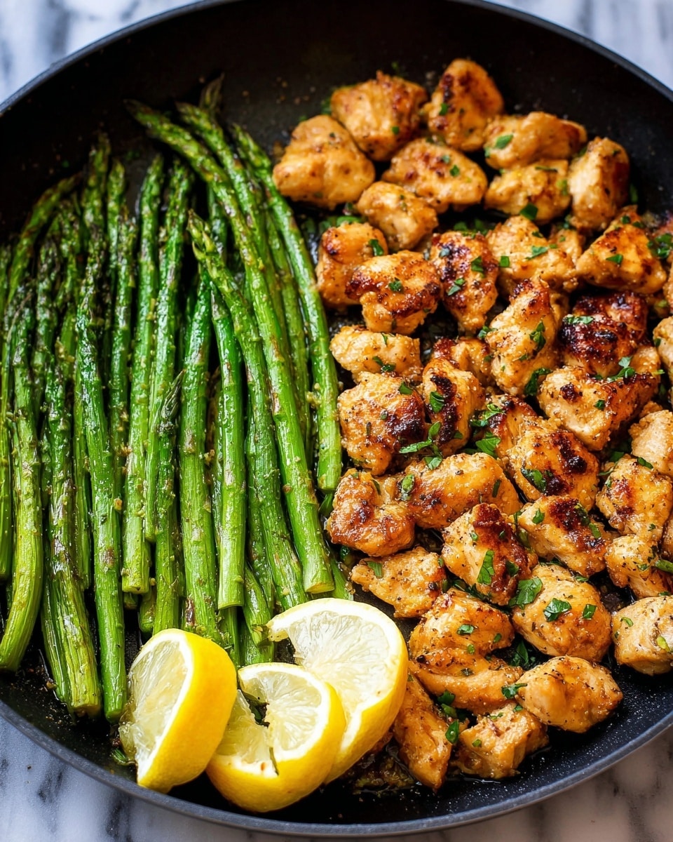 This image shows a close-up of a black pan holding two main layers: on the left side, there is a neat row of bright green asparagus spears, cooked and glistening with slight browning in spots; on the right side, there are golden-brown chicken pieces, cut into small chunks with a slightly crispy texture and garnished with small bits of green herbs; two lemon wedges with pale yellow color are placed among the chicken pieces, adding a fresh contrast. The pan sits on a white marbled surface. photo taken with an iphone --ar 4:5 --v 7
