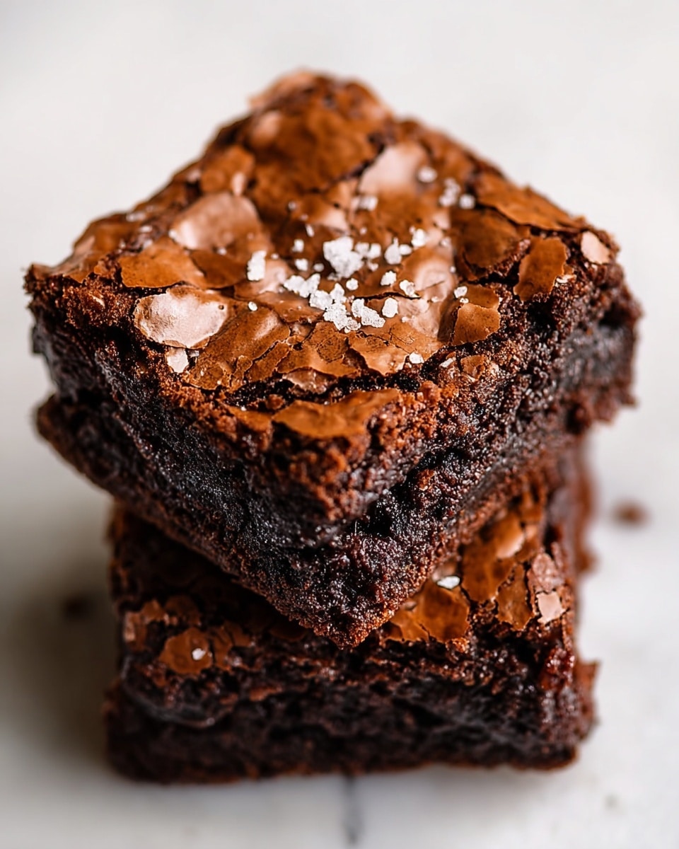 A close-up view of two stacked chocolate brownies on a white marbled surface, each brownie showing a shiny, cracked top layer with a rich brown color and rough texture. The top brownie is sprinkled lightly with coarse sea salt crystals that add a slight sparkle. The edges are uneven and slightly crumbly, revealing a dense, moist, and darker chocolate layer beneath the thin, crisp top. Photo taken with an iphone --ar 4:5 --v 7